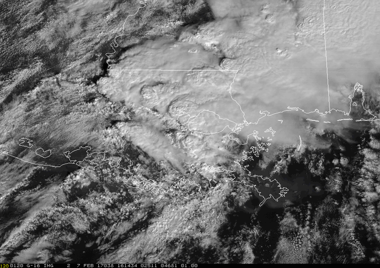 This visible animation from GOES-16 shows the tornadic storms that swept through Louisiana on February 7, 2017.