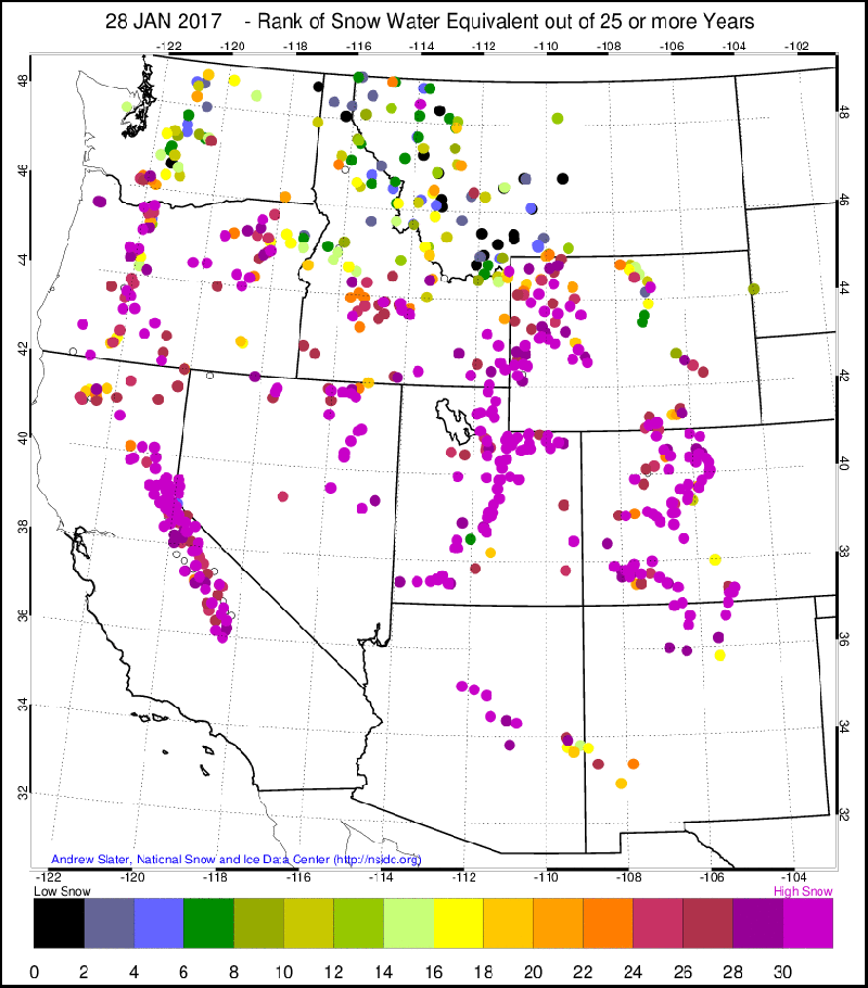 Map showing how snow water equivalent at snow telemetry sites on 28 January 2017 compare to the last 25 years of record.