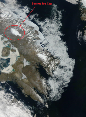 A map of the Barnes Ice Cap resting on Baffin Island, Canada.