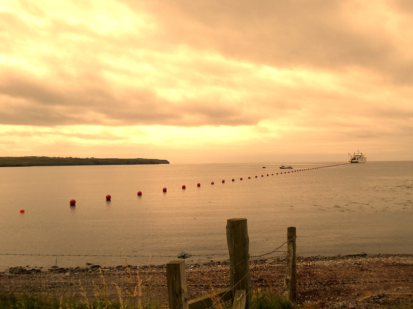 The cable ship René Descartes lays an underwater fiber optic cable near the Isle of Lewis in the Outer Hebrides.