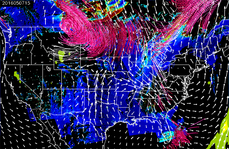 Static representation of 48-hour aerosol trajectories from eIDEA showing transport of aerosol-rich air into the northern U.S. plains states on 7 May 2016 at 15:00 UTC.