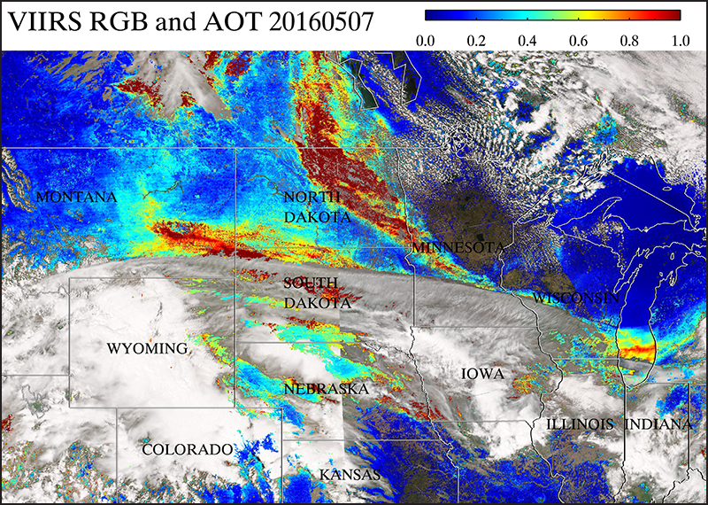 VIIRS aerosol optical thickness measurements are overlaid with VIIRS true-color imagery from eIDEA for 7 May 2016.