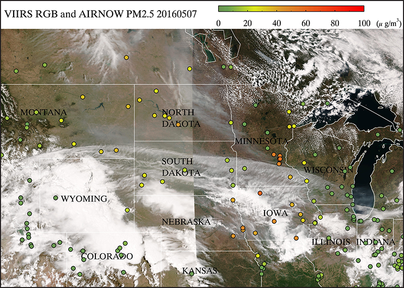 eIDEA image for 7 May 2016 showing VIIRS true-color imagery overlaid with colored dots representing daily Air Quality Index values from U.S. EPA’s AirNow network.