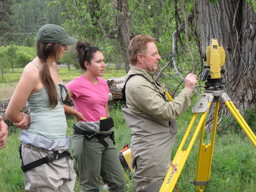 CHaMP employees get trained in the use of a total station, which is used to measure streambed topography.