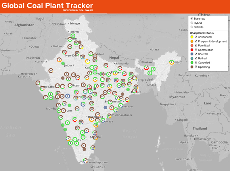 Map of where coal plants are operating or being built in India.