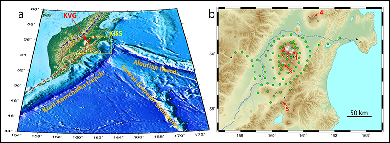Locations of the KISS project seismic stations near active volcanoes in eastern Russia.