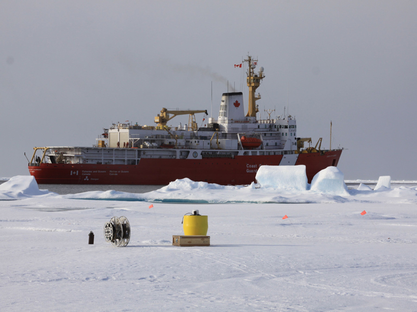 Researchers examine the exchange of carbon dioxide between the air and water in an Arctic region where thick ice has prevented ship passage.