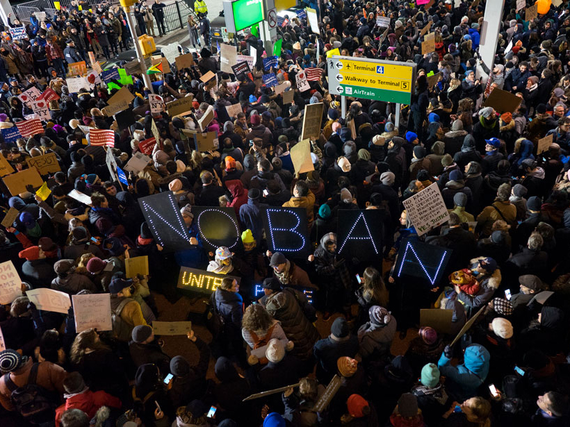 Protestors gathered at John F. Kennedy International Airport in New York.
