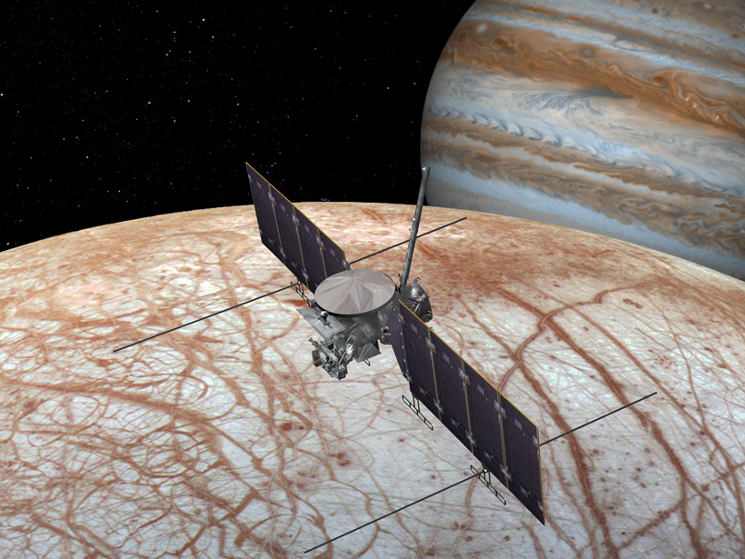 Artist’s rendition of a future NASA spacecraft visiting Jupiter’s moon Europa.