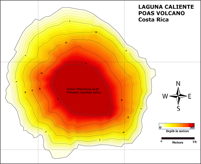 Bathymetric map, made with a sonar-equipped drone boat, of acid crater lake Laguna Caliente in Costa Rica’s Poás volcano.