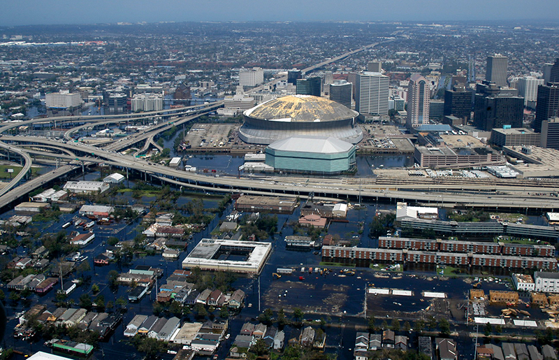 Aerial view showing rising flood waters threatening downtown New Orleans following 2005’s Hurricane Katrina.