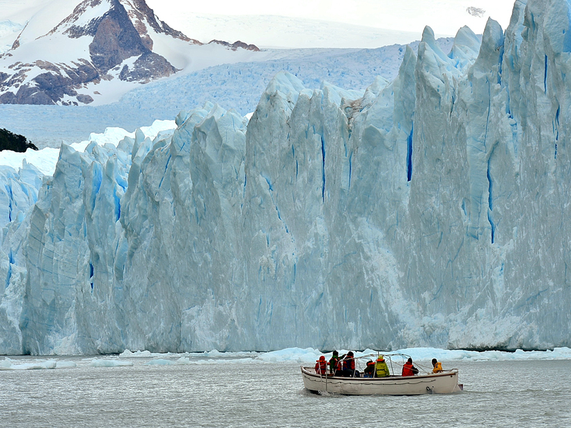 Researchers conduct a lake survey in front of Glaciar Perito Moreno.