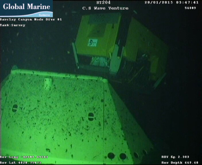 A NEPTUNE trawl-resistant frame with its node ejected, likely from a trawl net catching its lower edge.