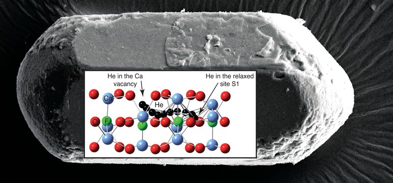 Superimposed on a micrograph of a fluorapatite crystal is a schematic showing a helium diffusion pathway through the crystal structure.