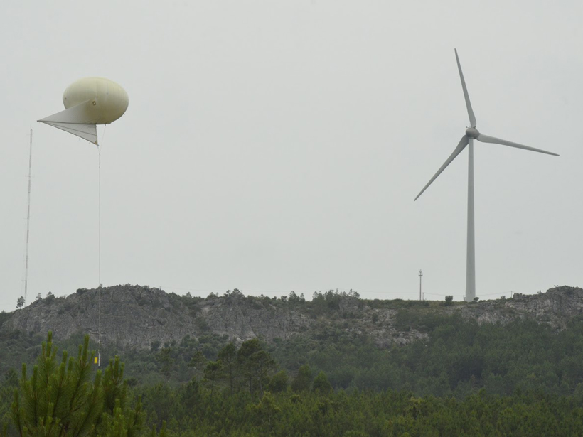 Tethered lifting system, turbine, and flux tower taken during fieldwork for project with a broad aim of measuring wind energy over Europe.