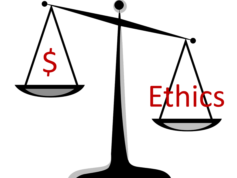Graphic weighing money against ethics.
