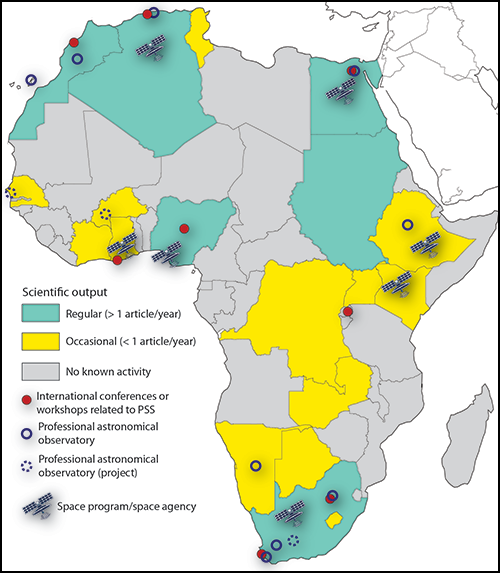 Map illustrating the emerging activities in planetary and space sciences in Africa.