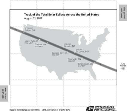The back of the stamp pane features a map of the path of totality of the 21 August eclipse.