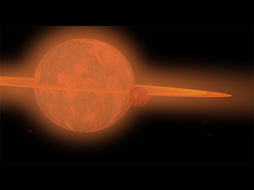 An artist’s rendition of a hot disk surrounding Earth, with the Moon on its fringes.