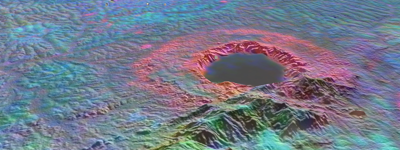 False color aerial view of Ghana’s Bosumtwi impact structure, the site of recent drilling research