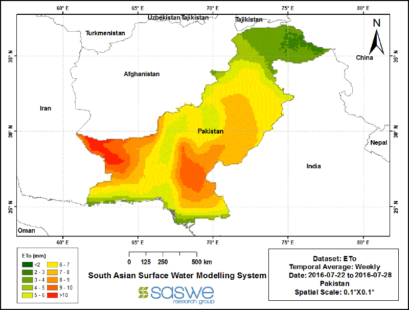 Evapotranspiration map produced using satellite and numerical weather prediction data from the Global Forecast System.