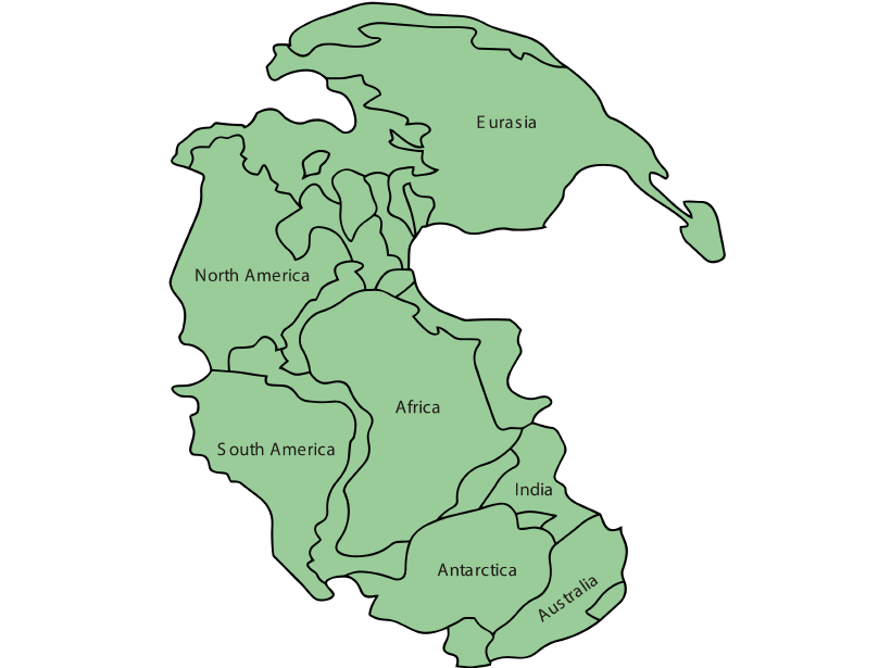 Modern continents mapped onto Pangaea.