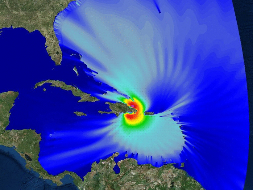 This visualization shows water level changes as Hurricane Georges moves into the Caribbean Sea in 1998.