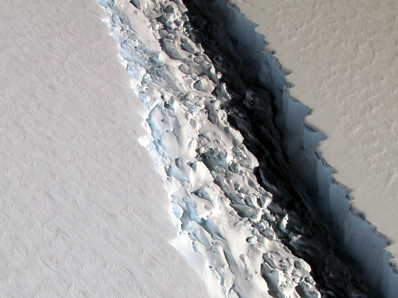 A closeup of a rift in the Larsen C ice sheet in 2016.