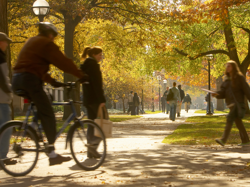 Busy college campus on a fall afternoon.