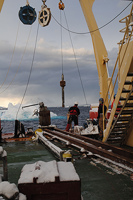 Collecting sediments in Gerlache Strait off the Antarctic Peninsula.