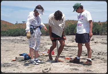 Scientists take a core of coastal sediments during a return survey in 1995 to areas affected by the 1992 Nicaragua tsunami.