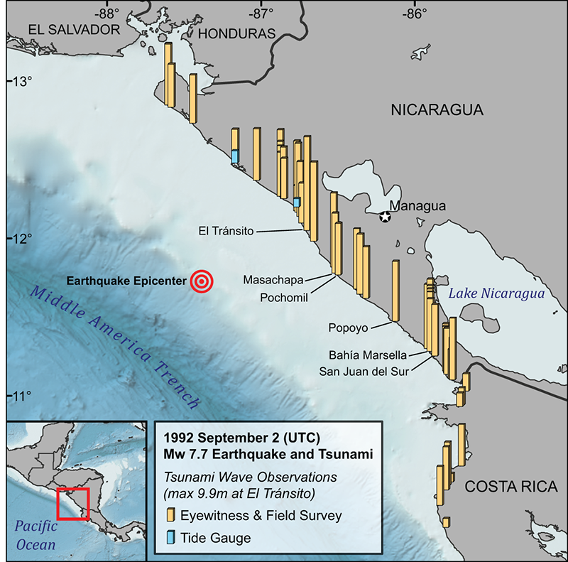 Tsunami wave observations from the 1 September 1992 Nicaragua earthquake and tsunami along the coasts of Nicaragua and Costa Rica.