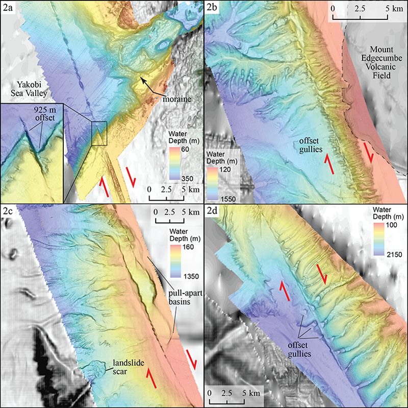 High-resolution depth images at four locations along the Queen Charlotte fault.