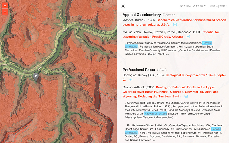 A list of publications mentioning Redwall Limestone is returned to the user via the GeoDeepDive API.