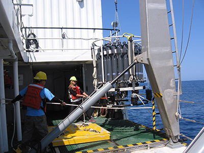 CTD sampling rosette takes real-time, sensor-based measurements of ocean physics, chemistry, and biology.