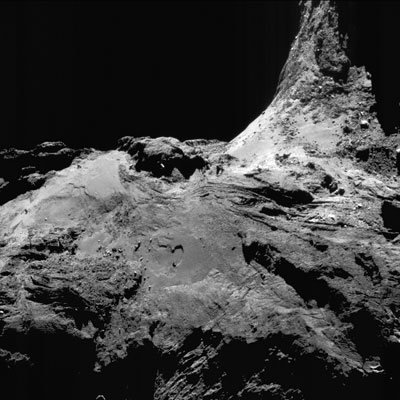Image of comet 67P on 25 June 2016 while Rosetta orbited 16.7 kilometers away. The image is 1.5 kilometers across
