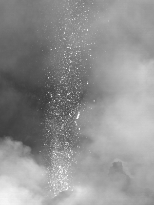 Near-infrared picture of a bomb-bearing volcanic explosion from a vent on Stromboli.