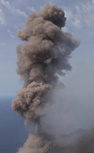 The UAV captured this visible-light still frame of an expanding ash-rich volcanic explosion from Stromboli.
