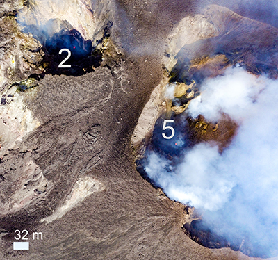 The UAV captured this image of volcanic vents in the northeast and southwest regions of Stromboli between explosions.