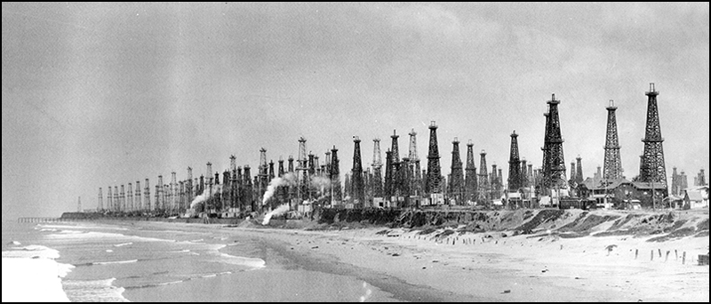 Oil wells line the Huntington Beach shoreline in southern California in 1926.