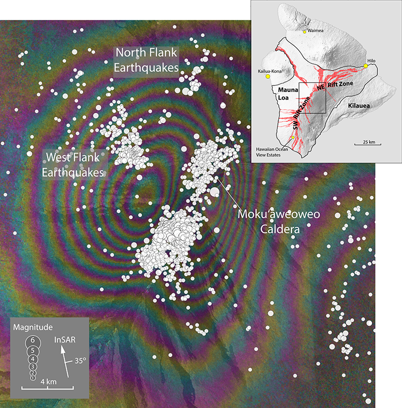 Surface motion measurements from satellite radar images of Mauna Loa on 1 January 2013 and 30 April 2017.