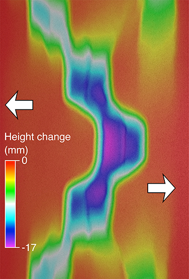 Numerical model of an extensional rift system produced this elevation map of surface features.