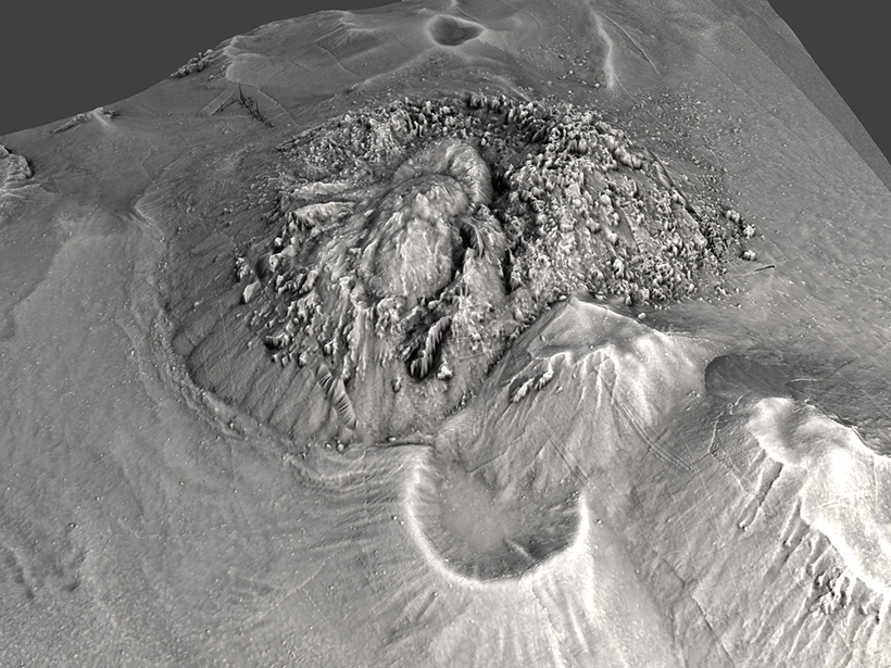 3-D seafloor bathymetry map, constructed using AUV data from this expedition (1-meter resolution), showing a silicic lava dome.