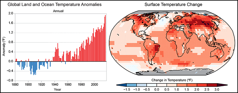 Global annual average temperature has increased by more than 1.2°F (0.7°C) for the period 1986–2016 relative to 1901–1960.