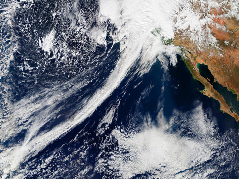 A satellite image of an atmospheric river on 20 February 2017, which helped the American west emerge from a 5-year drought.