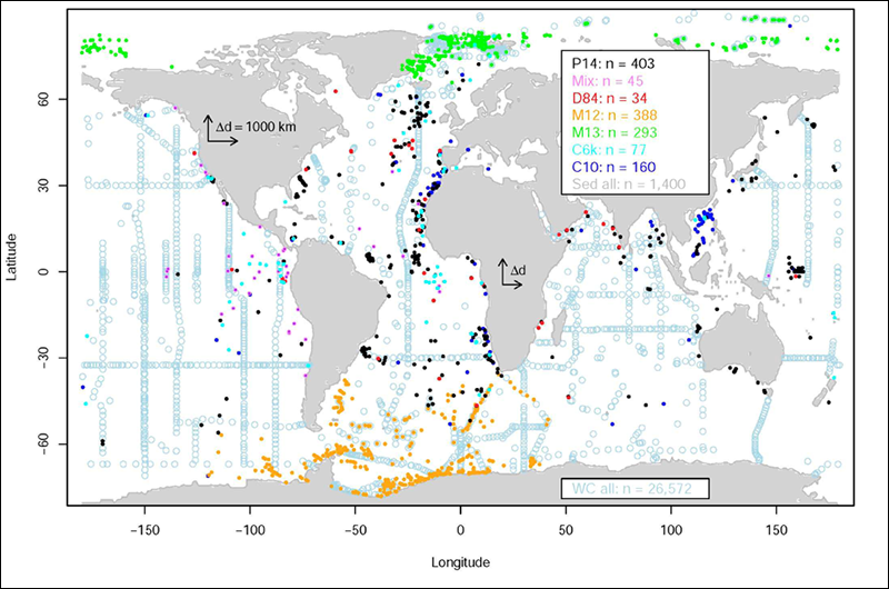 Map of current core top database and distribution of water column measurements.