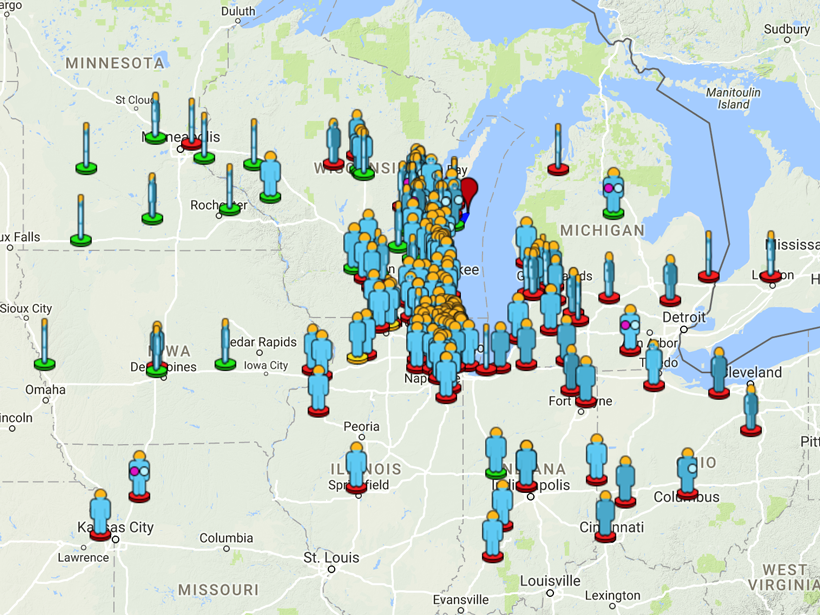 Crowdsourced reports of sightings of the 6 February 2017 meteor near Chicago.