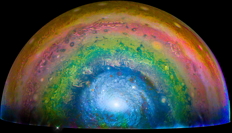 Swirls of a spiral galaxy meshed into data from JunoCam of Jupiter’s South Pole.