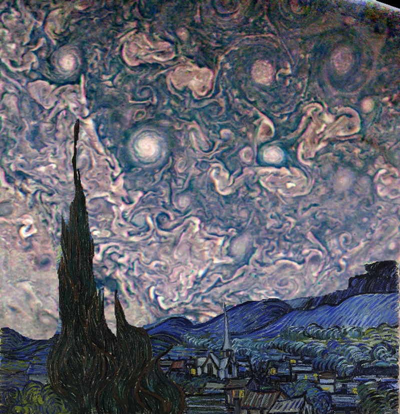 A rendition of Van Gogh’s Starry Night with JunoCam images of Jupiter’s atmosphere as the background.