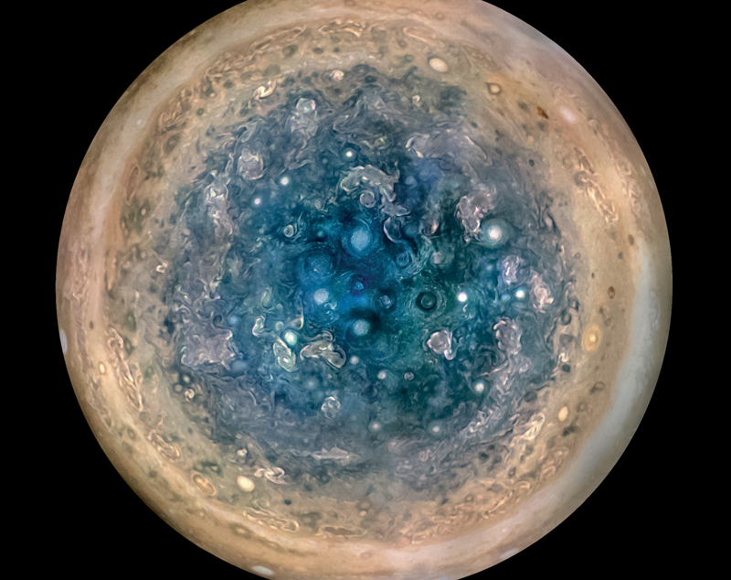 A rendition of Jupiter’s South Pole, with swirly patterns, via JunoCam.